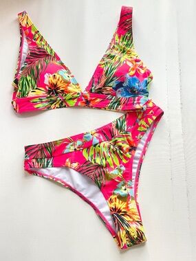 Kamoni Bikini Set Womens M Neon Tropical Floral High Cut Beach Swim Spring Break